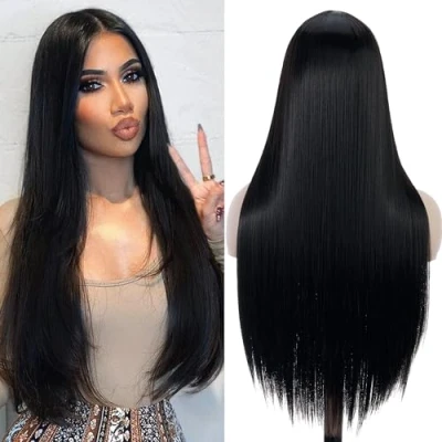 Immagine di PORSMEER Parrucca Naturali Nero Lunghe Capelli Lisci per Donna Parrucche Sintetiche Resistenti al calore feste Cosplay Halloween in seta naturale 26 pollici
