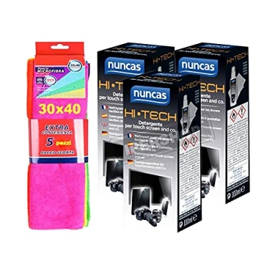 Immagine di NUNCAS SET 3 HI TECH DETERGENTE PER TOUCH SCREEN + pacco 5 pezzi panni microfibra 30x40