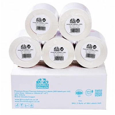 Immagine di 5 x rotoli (2.500 etichette) Premium Direct Etichette termiche, 100 mm 150 mm, per Zebra, MUNBYN, Rollo, TSC, Toshiba, Citizen, Stampanti, LP2844, GK420D, GX420D, GK420T, ZD420, ZD220.