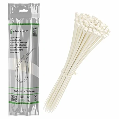 Immagine di intervisio Fascette Plastica per Cablaggio 300 mm x 3,6 mm, Fermacavo Bianche Elettricista 300mm Nylon Cavi Stringicavo, Bianco 100 Pezzi