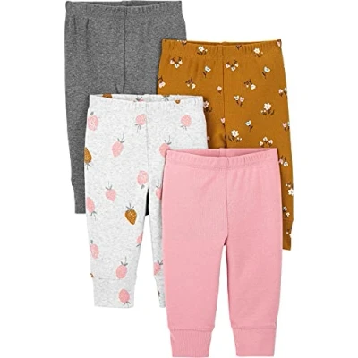 Immagine di Simple Joys by Carter&#039;s 4 Pack Pant Pantaloni, Grigio Chiaro Fragole/Grigio Puntinato/Marrone Floreale/Rosa Puntinato, 0 Mesi (Pacco da 4) Bimba