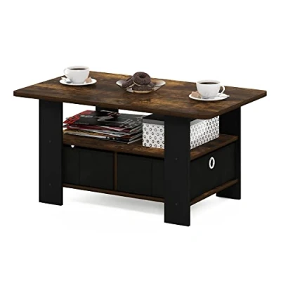 Immagine di Furinno Andrey Tavolino da caffè con cassetto portaoggetti, Legno ingegnerizzato, Pino Ambrato/Nero, 80 (W) x 39.6 (H) 48 (D) cm