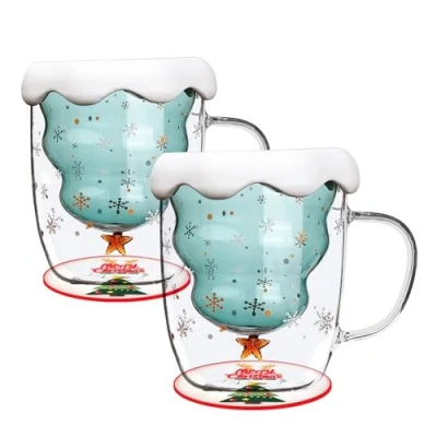 Immagine di Set di 2 Tazze con albero Natale a doppia parete Tazza vetro coperchio e manico carino regalo per le donne uomini bambini