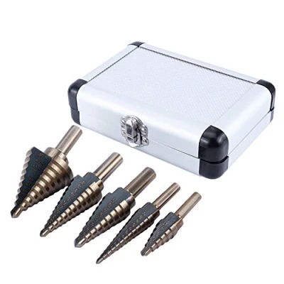 Immagine di Punte a gradino, 5 Pz di Alta Qualità HSS Passo Titanio Cono Drill Bit Tool Set con Scatola Alluminio