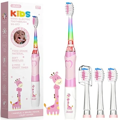 Immagine di Seago Spazzolino Elettrico Bambini dai 3 12 Anni con Timer di Spazzolamento e Lampade a LED Colorate 4 Setole Morbide Testine Idea Regalo per Ragazzi Ragazze SGEK6/SG977 (Rosa)