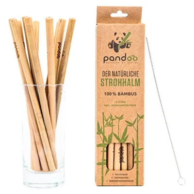 Immagine di pandoo Confezione da 12 cannucce di bambù 100% con pennello pulizia riutilizzabili ed eco compatibili biodegradabile