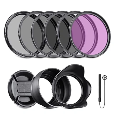 Immagine di NEEWER 67mm ND2 ND4 ND8 UV CPL FLD Kit di filtri e accessori per lenti con copriobiettivo a scatto, paraluce forma tulipano, pieghevole in gomma, custodia
