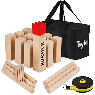 Immagine di Toyfel Scacchi Svedesi XXL Kubb Gioco di abilità in Legno Massiccio all&#039;aperto con Pratica Borsa da Trasporto &amp; Metro a Nastro Birilli Certificato FSC Giardino Ragnar
