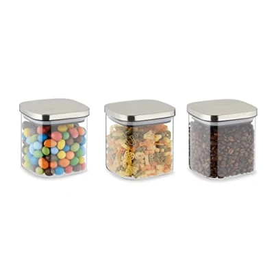 Immagine di Relaxdays Set 3 Barattoli in Vetro con Coperchio Acciaio, Contenitori per Cucina, da 600 ml, Trasparente Argentato, 70% 20% Inox 10% Silicone, 11 x 10.5 cm