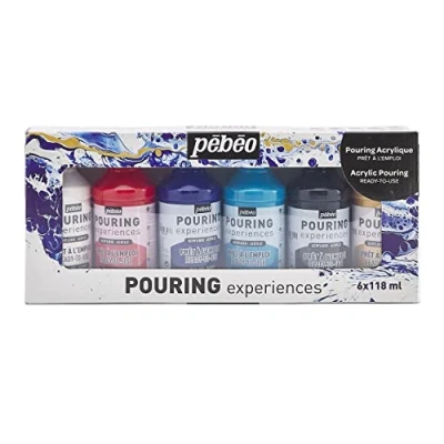 Immagine di Pebeo Set Pouring Experiences Colori Acrilici Premiscelati Pronti all’Uso 6 Flaconi da 118ml Bianco + Rosso Blu Turchese Nero Oro, 118 ml (Confezione 6), 708 unità