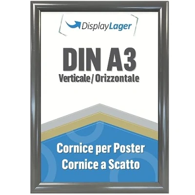 Immagine di DisplayLager Cornice a Scatto da 25 mm, Profilo in Alluminio e Disco di Protezione antiriflesso Materiale Fissaggio (A3, Grigio)