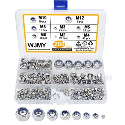 Immagine di WJMY Dadi Autobloccanti Esagonali Bloccanti 200 Pezzi Nylon Autobloccante Esagonale Controdadi in Acciaio Inox 304 M2 M3 M4 M5 M6 M8 M10 M12