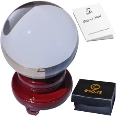Immagine di ESOAS Sfera di Cristallo divinazione magia (8 cm) con Supporto in Legno, Ideale per cristallomancia, e Viaggi [Garanzia a Vita] + Guida PDF Inclusa