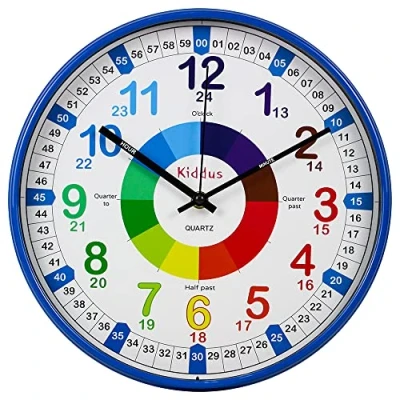 Immagine di Kiddus Orologio da Parete Didattico per Bambini, Ragazzi. Analogico. Con Esercizi Imparare a Leggere l’Ora. Movimento al Quarzo Silenzioso. ENGLISH BLUE