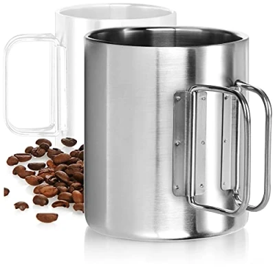 Immagine di com four® Tazza da caffè in Acciaio Inox Termica 304 300 ml con Manico Pieghevole isolata a Doppia Parete Senza BPA (Argento 1 Pezzo)
