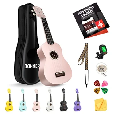 Immagine di Donner Ukulele soprano per principianti adulti ukelele con cinturino online gratuito lezioni sintonizzatore stringa, DMU 01 21 pollici opaco ukalee Bundle Kit Macaron Series Rosa
