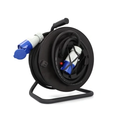 Immagine di cartrend Explorer Avvolgicavo CEE con 1 Spina e accoppiamento CEE, Cavo di prolunga per Un Uso duraturo in Campeggio all&#039;aperto, Freno stazionamento, IP44, 25 m, Colore: Nero