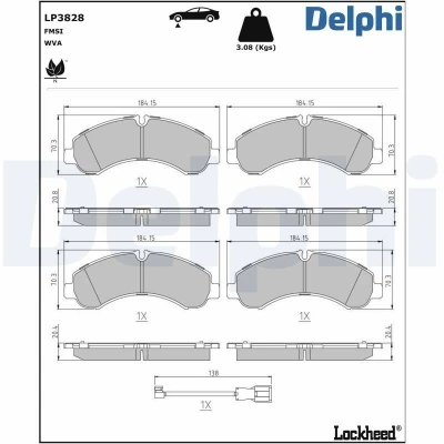 Immagine di DELPHI LP3828 Kit pastiglie freno con contatto segnalazione usura lamierino anticigolío accessori MITSUBISHI: Canter 7.Generation