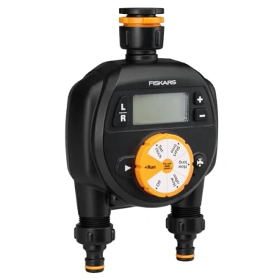 Immagine di Fiskars, Sistema di irrigazione, Timer/timer con 2 uscite, Per tutte le dimensioni rubinetto più comuni, Facile da leggere L (Timer acqua)