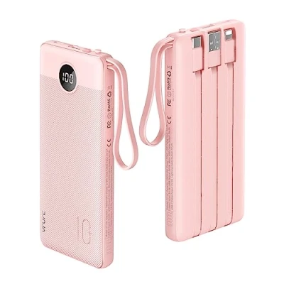 Immagine di VRURC Power Bank 10000mAh con 4 cavi integrati Caricatore Portatile USB C Batteria Esterna LED Digitale Display uscite &amp; 2 Ingressi compatibile iPhone Huawei e Smartphone Rosa