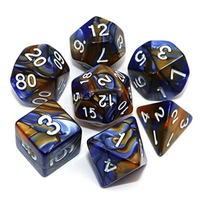 Immagine di CREEBUY, Set di dadi poliedrici da D&amp;D colore blu e oro per dungeon dragons, Pathfinder, giochi ruolo, con custodia