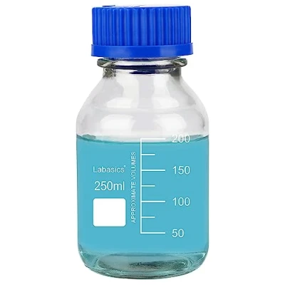 Immagine di Labasics Rotondo Media Stoccaggio Bottiglie con GL45 Blu Vite Tappo, Vetro Cancella Ampio Bocca Laureato Reagente Laboratorio Flacone, 250 ml