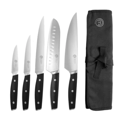 Immagine di MasterChef Set Coltelli da Cucina Professionali con Borsa Chef, di Santoku, Tritatutto, Ufficio e per Verdure, Acciaio Inossidabile ad Alto Carbonio, 5 Pezzi