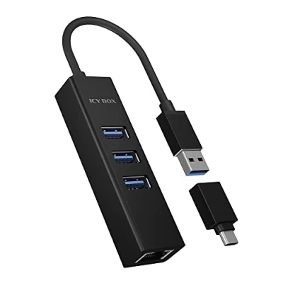 Immagine di ICY BOX IB HUB1419 LAN USB 3.0 Type A+C zu 3x und 1x Gigabit LAN, Aluminium 4 Porte Hub Nero