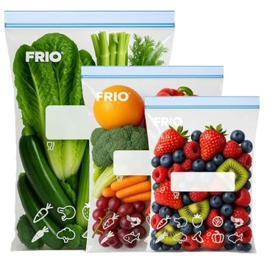 Immagine di FRIO Set 65 sacchetti ermetici per alimenti, chiusura doppia Zip, etichetta pre stampata, richiudibili, sigillabili, 3 misure S M L, conservare, congelatore, salva freschezza, riutilizzabili