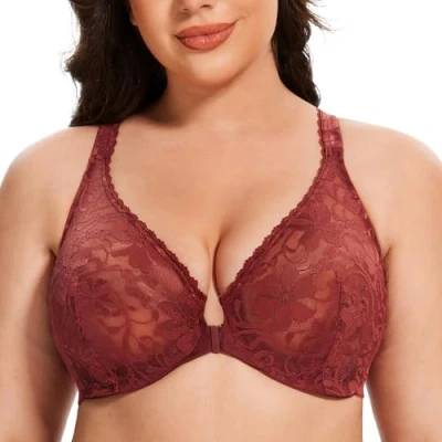 Immagine di MELENECA Reggiseno da Donna con Ferretto in Pizzo Scollato sul Davanti Chiuso Cabernet Red 7F