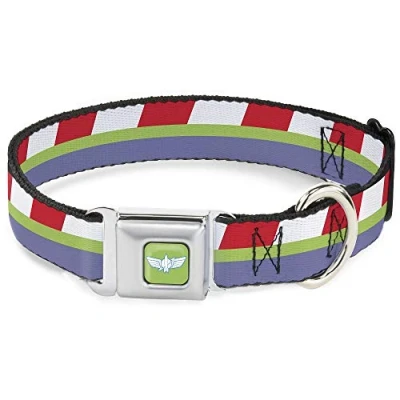 Immagine di Collare per cani con fibbia cintura di sicurezza, Toy Story Buzz Lightyear Space Ranger a strisce, rosso, verde, viola, da 22,9 38,1 cm larghezza