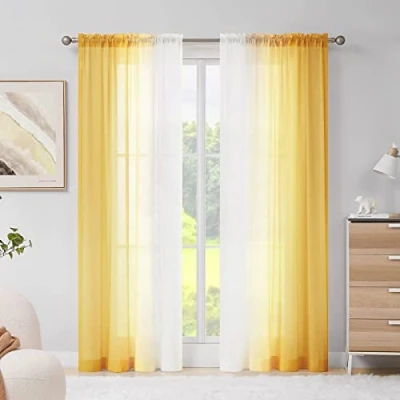 Immagine di Melodieux Tende trasparenti in chiffon giallo sfumato con tasca a bastone, 142,2 x 228,6 cm, 2 pannelli