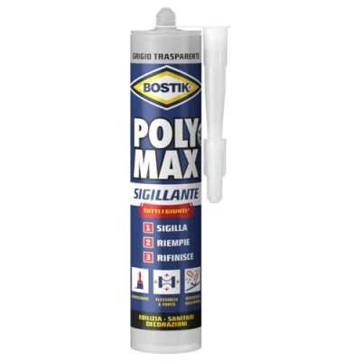 Immagine di Bostik Poly Max sigillante Grigio Trasparente universale permanentemente elastico e verniciabile, non ritira resiste alla muffa