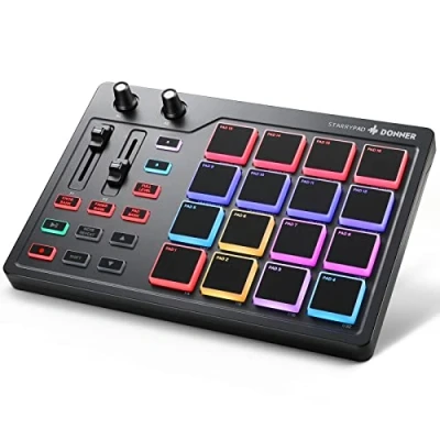 Immagine di Donner Controller MIDI Pad Drum Macchina, Professional USB Type C Tastiera Beat Maker con 16 Pad, out, 2 Fader e Knobs Assegnabili (STARRYPAD MINI, Nero)