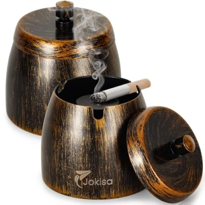 Immagine di Posacenere Set di 2 da Esterno, Retrò in Acciaio Inox con Coperchio per Uso Interno ed a Vento Base Antiscivolo Bar e Balconi Giardino (S)