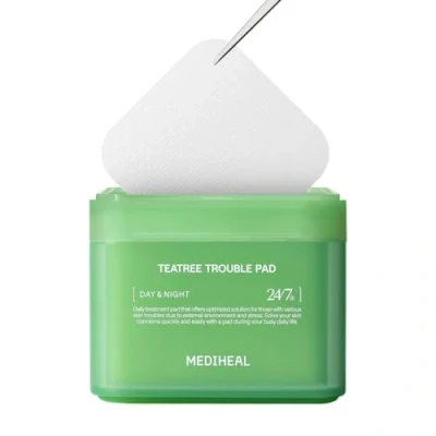 Immagine di MEDIHEAL Teatree Trouble Pad Square Cotton Visial Pads with Tea Tree &amp; Lactobacillus Soothing to Calm Sensitive Acne Prone Skin, vegan Face Gauze Pads, 100 pastiglie