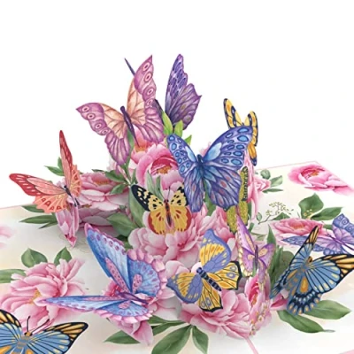 Immagine di MOKIO® Biglietto Farfalla Pop Up Fiori con Farfalle regalo 3D per un compleanno, come buono o in denaro, di auguri fiore busta