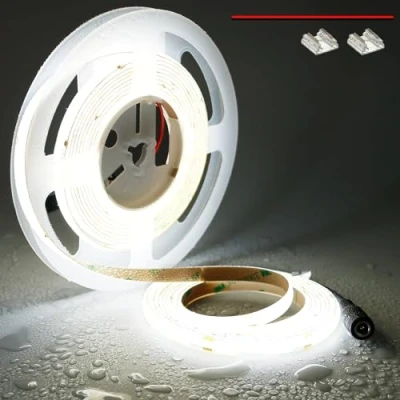 Immagine di TOPAI Striscia LED COB 5 Metri 5000K Impermeabile, Strip 24V luce Diurna Bianco Alta Luminosità, CRI&gt;90 Autoadesivo 480LED/M Densità Flessibile Per Camera da Letto, Bagno, Cucina