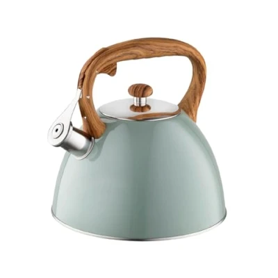 Immagine di FLORINA Frank Kettle (2.5 Litres) I Stainless Steel Tea Whistling with Wooden Handle Automatic for Induction Cooker, Gas Hob and Electric Colour: Matte Green