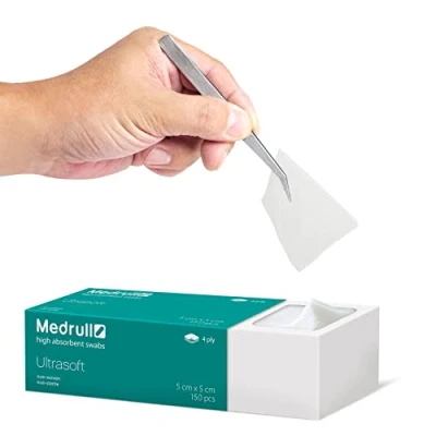 Immagine di Medrull Impacchi in tessuto non tessuto, 5 x cm, ULTRASOFT, 150 pezzi, particolarmente morbidi, assorbenti, sterili, 4 strati