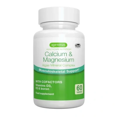 Immagine di Calcio e Magnesio, Complesso Minerale 2:1 a base vegetale per il supporto osseo con Boro, Vitamina D3 K2, Vegano, 60 Compresse, da Igennus