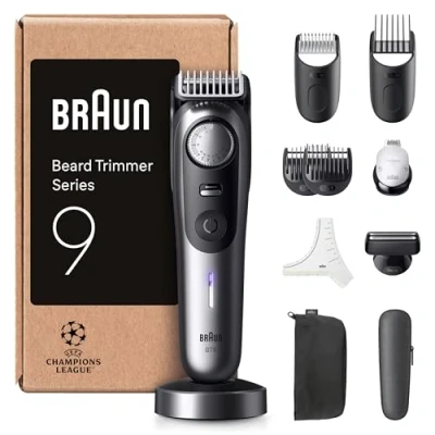 Immagine di Braun Regolabarba Uomo Series 9, +11 Strumenti Da Barbiere, Modalità PowerBoost &amp; Lama ProBlade Affilata A Vita, 180 Min, Selettore Di Precisione Con 52 Lunghezze, Impermeabile, BT9545, Cromo