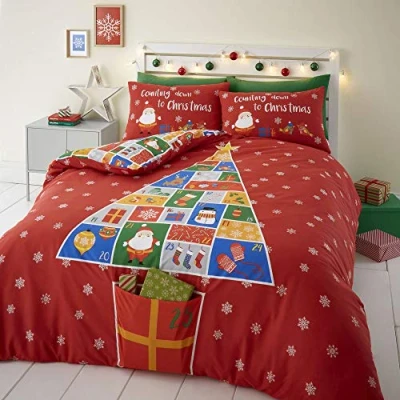 Immagine di Catherine Lansfield Countdown To Christmas Easy Care Set copripiumino matrimoniale, 3 pezzi, colore: Rosso
