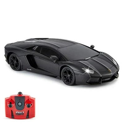 Immagine di CMJ RC Cars Auto radiocomandata con Licenza Ufficiale Lamborghini Aventador luci funzionanti, su Strada in Scala 1:24, 2,4 GHz Nero Opaco, ottimi Giocattoli per