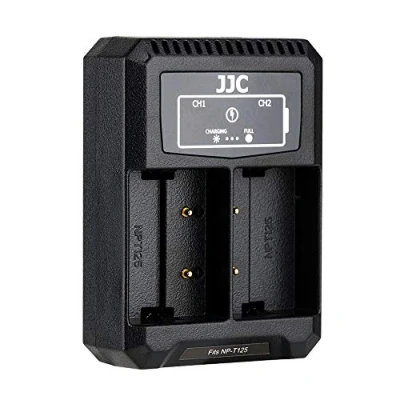 Immagine di JJC Caricabatterie Dual Slot USB e C (Tipo C) QC3.0 per Fujifilm GFX100 GFX50S Fotocamere GFX50R Compatibili con Batteria Ricaricabile Agli ioni di Litio Fuji NP T125