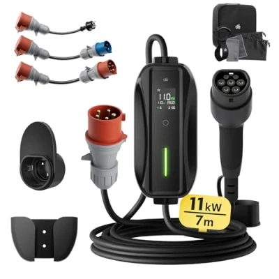 Immagine di dé Mobile Wallbox/stazione di ricarica da 11 kW [3 fasi7 m6 16 A] con set adattatore Traveller per cavo CEE 16A a tipo 2 ed EV caricatore modello Y/3, ID.3/4/5, MG4, EX30, e up,