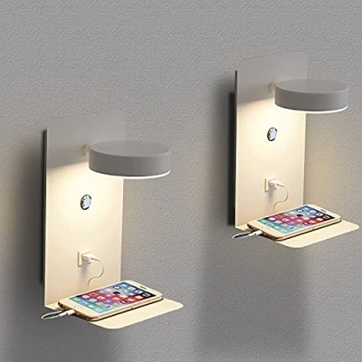 Immagine di Applique da Parete LED con Porte USB, 2 Pezzi Lampada Dimmerabile al Tocco camera letto12W Spina, Muro Interno Bianco Moderna Ruotabile 350, Luce Lettura Comodino