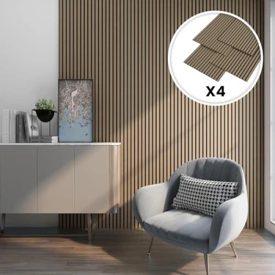 Immagine di NEU.HOLZ Set di 4 Pannelli Fonoassorbenti Decorativi Isolamento Acustico per Parete e Soffitto in Feltro PET con Listelli MDF Noce Chiaro