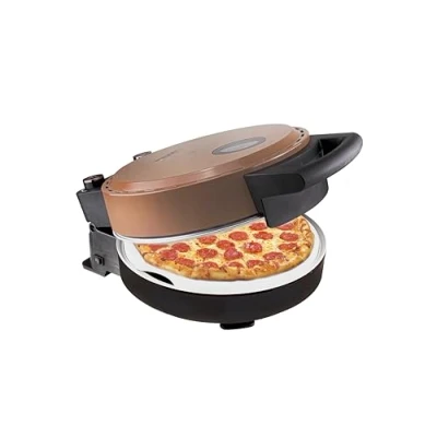 Immagine di Bestron forno per pizza croccante in 5 10 minuti, elettrico con temperatura massima fino a 320 C, pietra refrattaria e 2 grandi spatole legno, collezione di rame, colore: