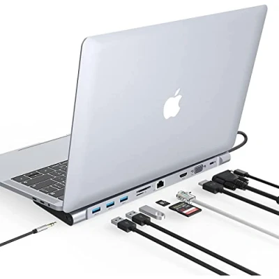 Immagine di Docking Station USB C 10 in 1, Hub Triple Display Laptop Stand, Adattatore per MacBook &amp; Windows (4K HDMI, VGA, PD 100W, Ethernet, SD/TF Card Slot, audio 3,5 mm, 3 porte USB)